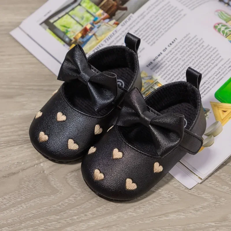 Baby Girls Indoor First Walker Shoes 0-18 Months Soft Cotton Sole Non-Slip Bowknot Embroidery Hook & Loop Booties