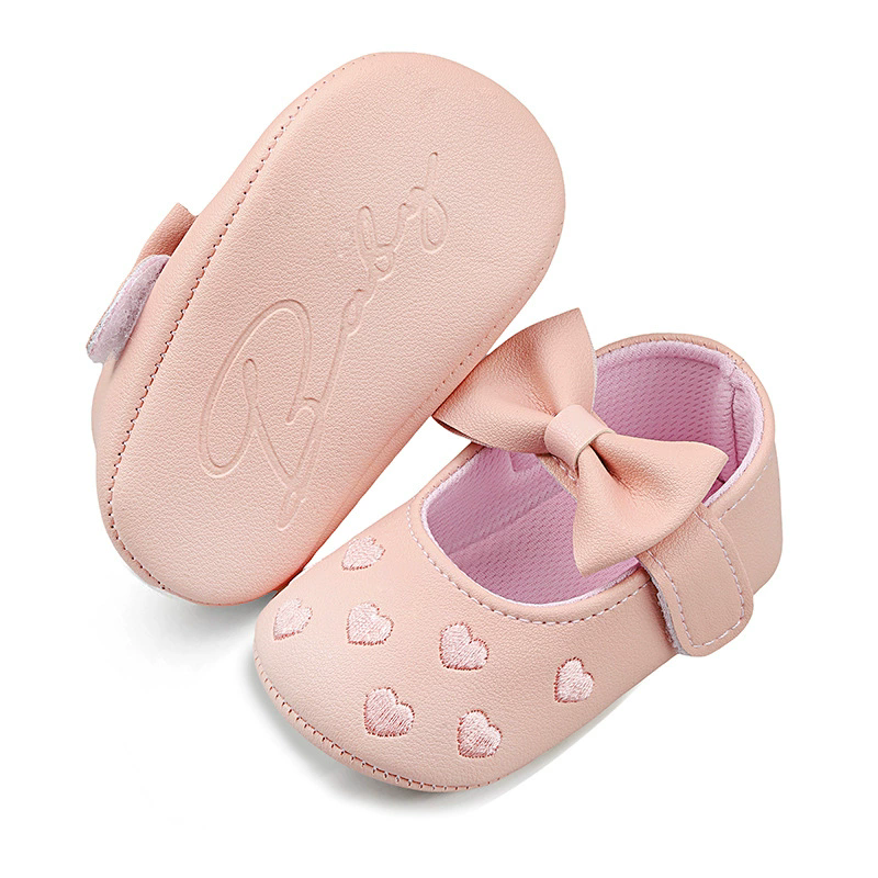Baby Girls Indoor First Walker Shoes 0-18 Months Soft Cotton Sole Non-Slip Bowknot Embroidery Hook & Loop Booties