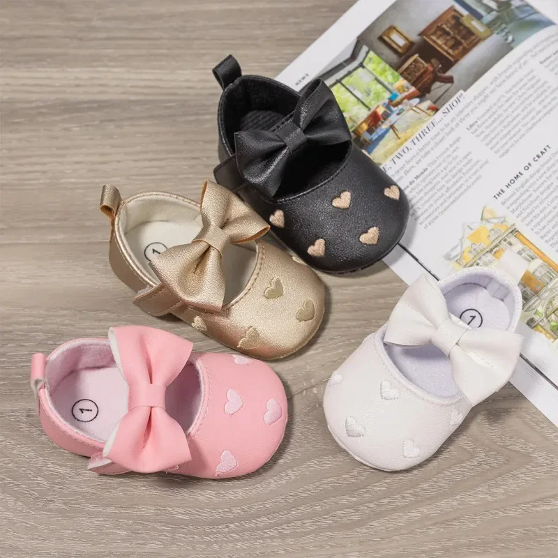 Baby Girls Indoor First Walker Shoes 0-18 Months Soft Cotton Sole Non-Slip Bowknot Embroidery Hook & Loop Booties