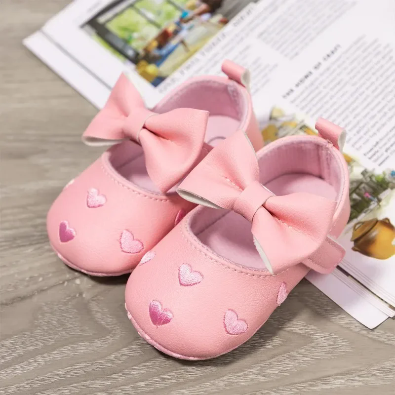 Baby Girls Indoor First Walker Shoes 0-18 Months Soft Cotton Sole Non-Slip Bowknot Embroidery Hook & Loop Booties