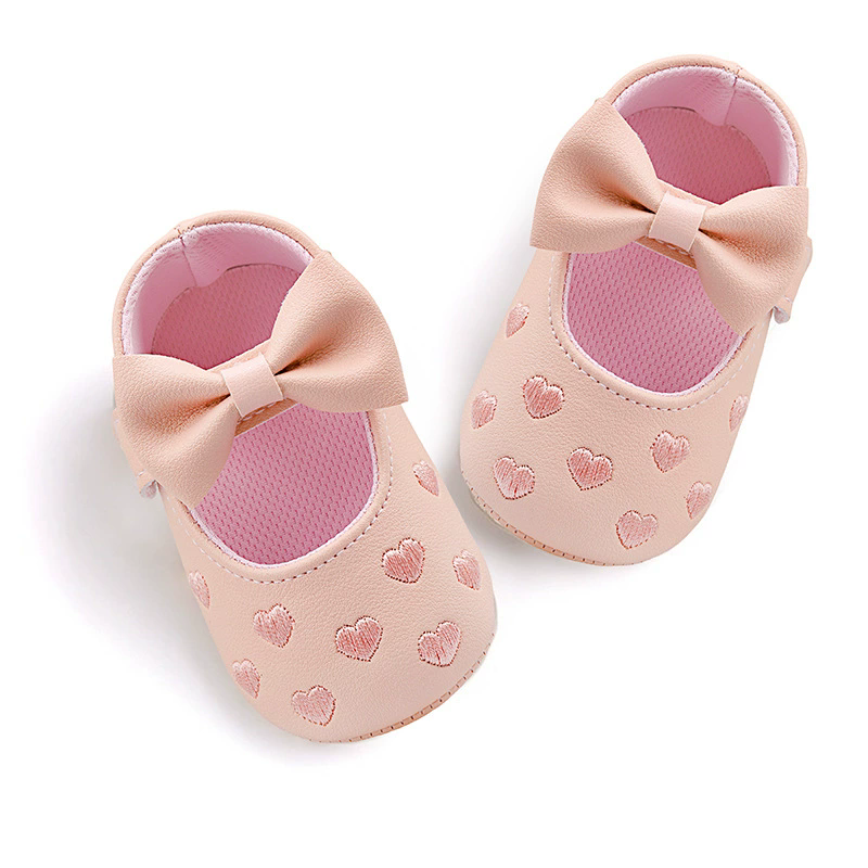 Baby Girls Indoor First Walker Shoes 0-18 Months Soft Cotton Sole Non-Slip Bowknot Embroidery Hook & Loop Booties