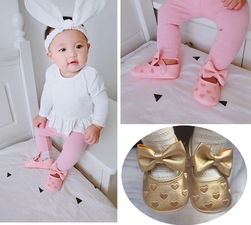 Baby Girls Indoor First Walker Shoes 0-18 Months Soft Cotton Sole Non-Slip Bowknot Embroidery Hook & Loop Booties