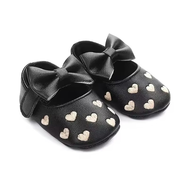 Baby Girls Indoor First Walker Shoes 0-18 Months Soft Cotton Sole Non-Slip Bowknot Embroidery Hook & Loop Booties