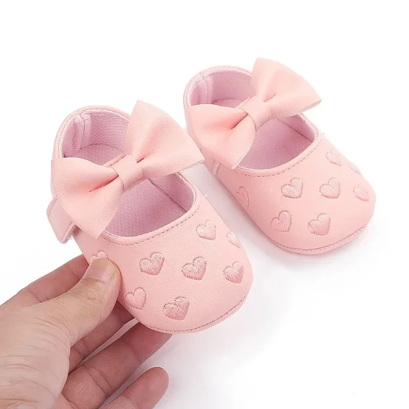 Baby Girls Indoor First Walker Shoes 0-18 Months Soft Cotton Sole Non-Slip Bowknot Embroidery Hook & Loop Booties