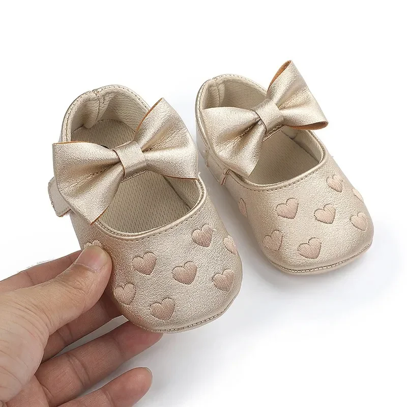 Baby Girls Indoor First Walker Shoes 0-18 Months Soft Cotton Sole Non-Slip Bowknot Embroidery Hook & Loop Booties