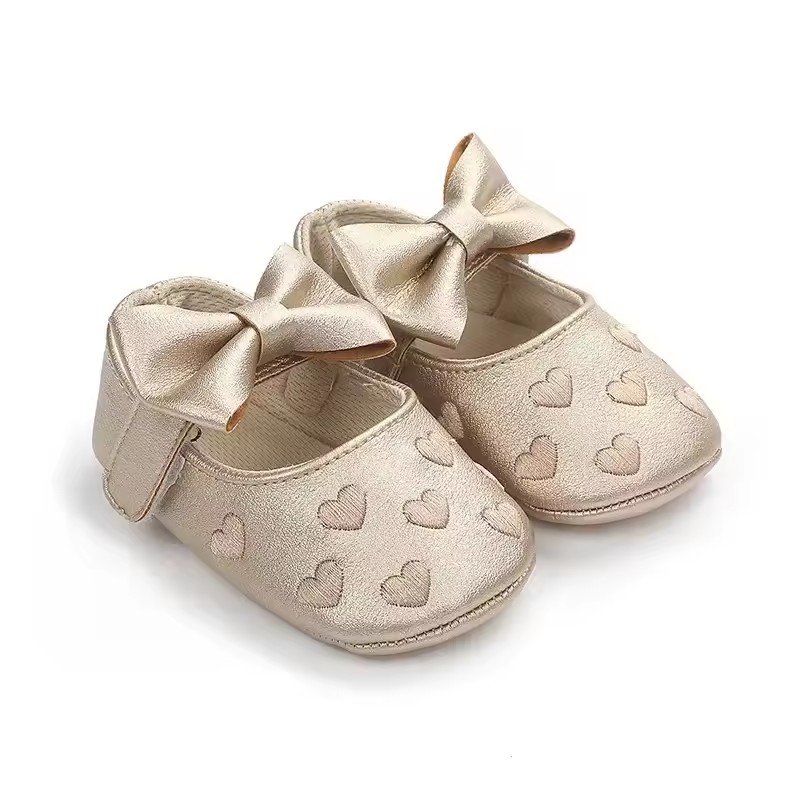 Baby Girls Indoor First Walker Shoes 0-18 Months Soft Cotton Sole Non-Slip Bowknot Embroidery Hook & Loop Booties