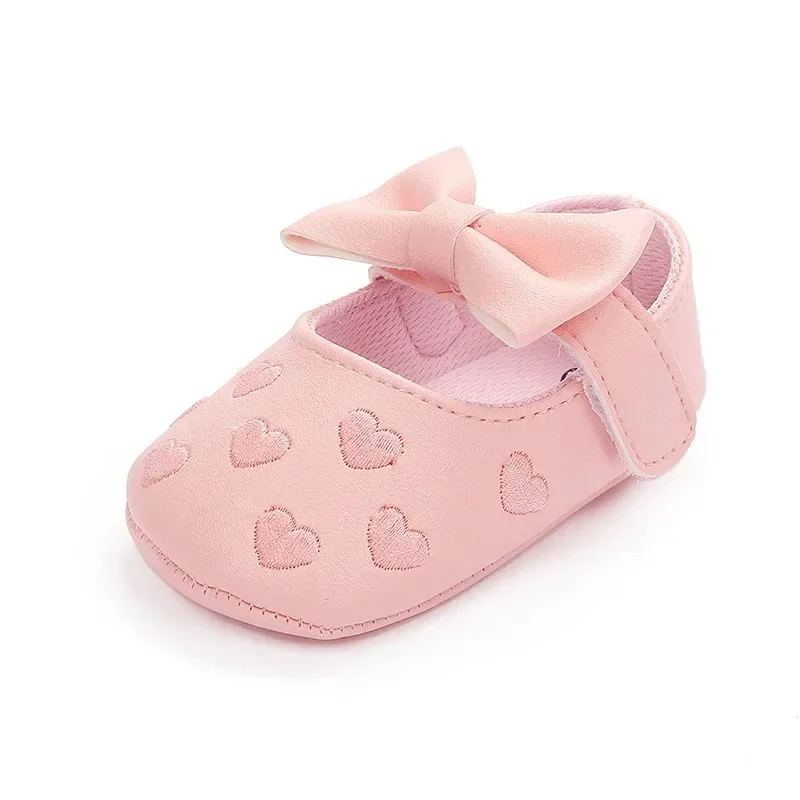Baby Girls Indoor First Walker Shoes 0-18 Months Soft Cotton Sole Non-Slip Bowknot Embroidery Hook & Loop Booties