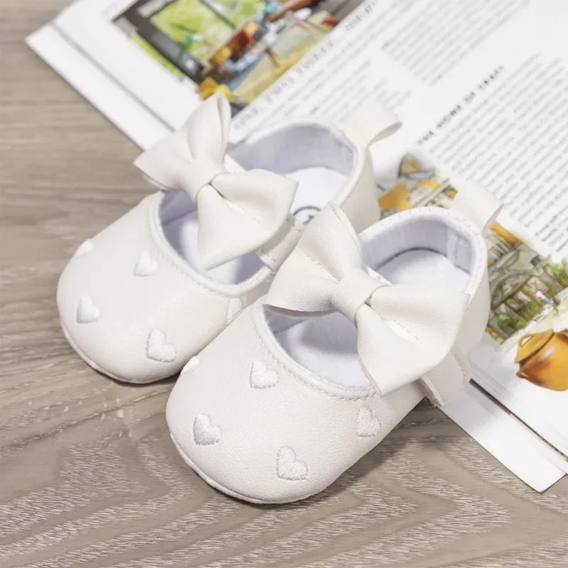 Baby Girls Indoor First Walker Shoes 0-18 Months Soft Cotton Sole Non-Slip Bowknot Embroidery Hook & Loop Booties