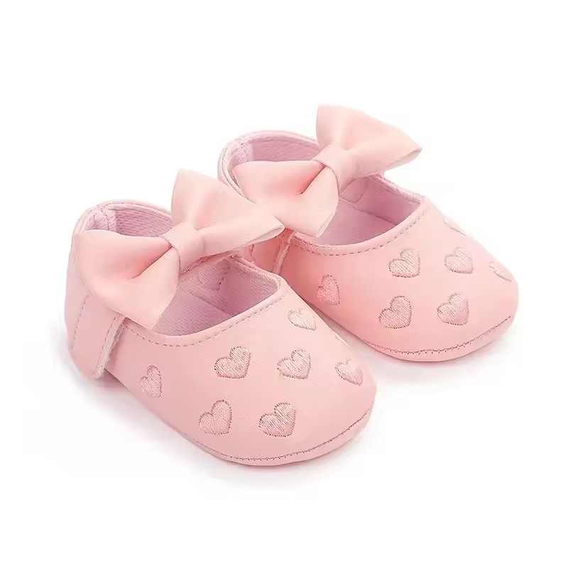 Baby Girls Indoor First Walker Shoes 0-18 Months Soft Cotton Sole Non-Slip Bowknot Embroidery Hook & Loop Booties