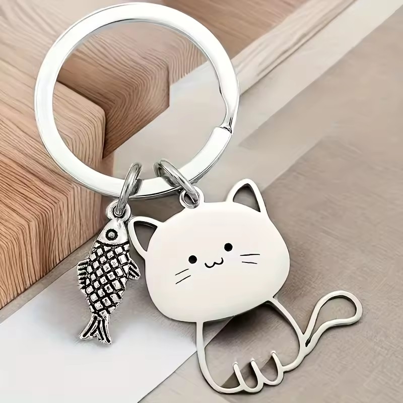 Funny Cartoon Cat Fish Keychain Couple Lovers Stainless Steel Keyring Lovely Pendant Key Chain Valentine's Day Gift Jewelry