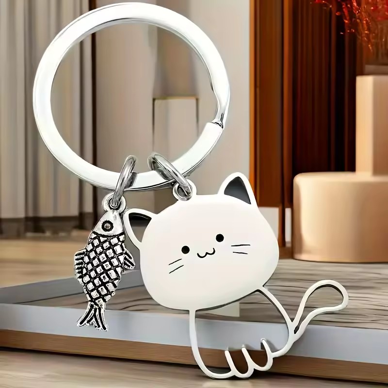 Funny Cartoon Cat Fish Keychain Couple Lovers Stainless Steel Keyring Lovely Pendant Key Chain Valentine's Day Gift Jewelry