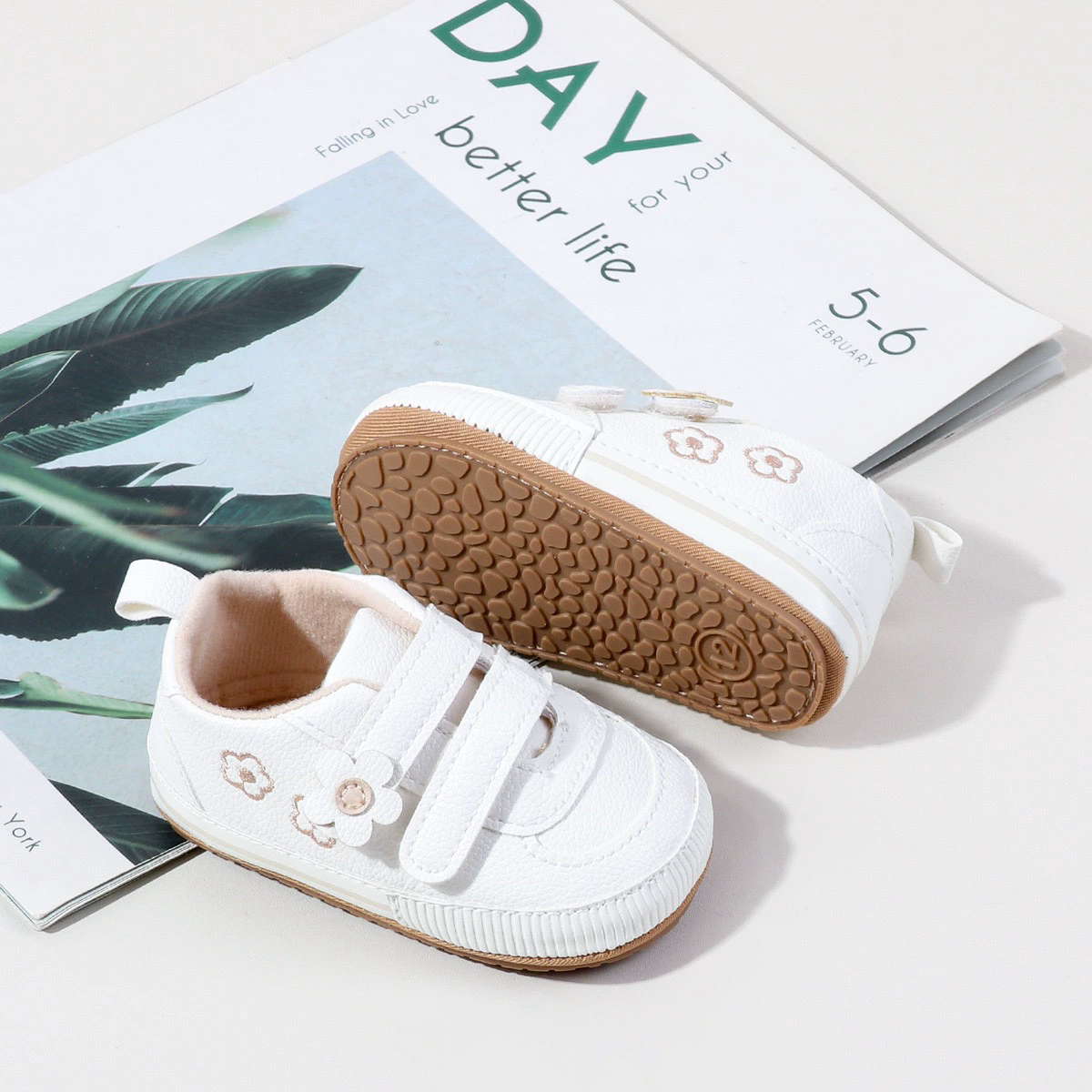 Spring and Autumn New Style Boys' and Girls' Baby Shoes Flower Pattern PU Casual Shoes 0-1 Years Old Learning Walkers Shoes