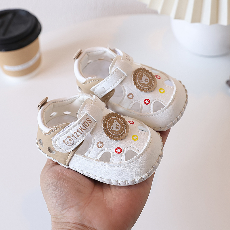 Summer 0-1 year old baby 6-12 month old baby walking shoes with soft rubber sole, anti slip hollow toe, no drop heel sandals