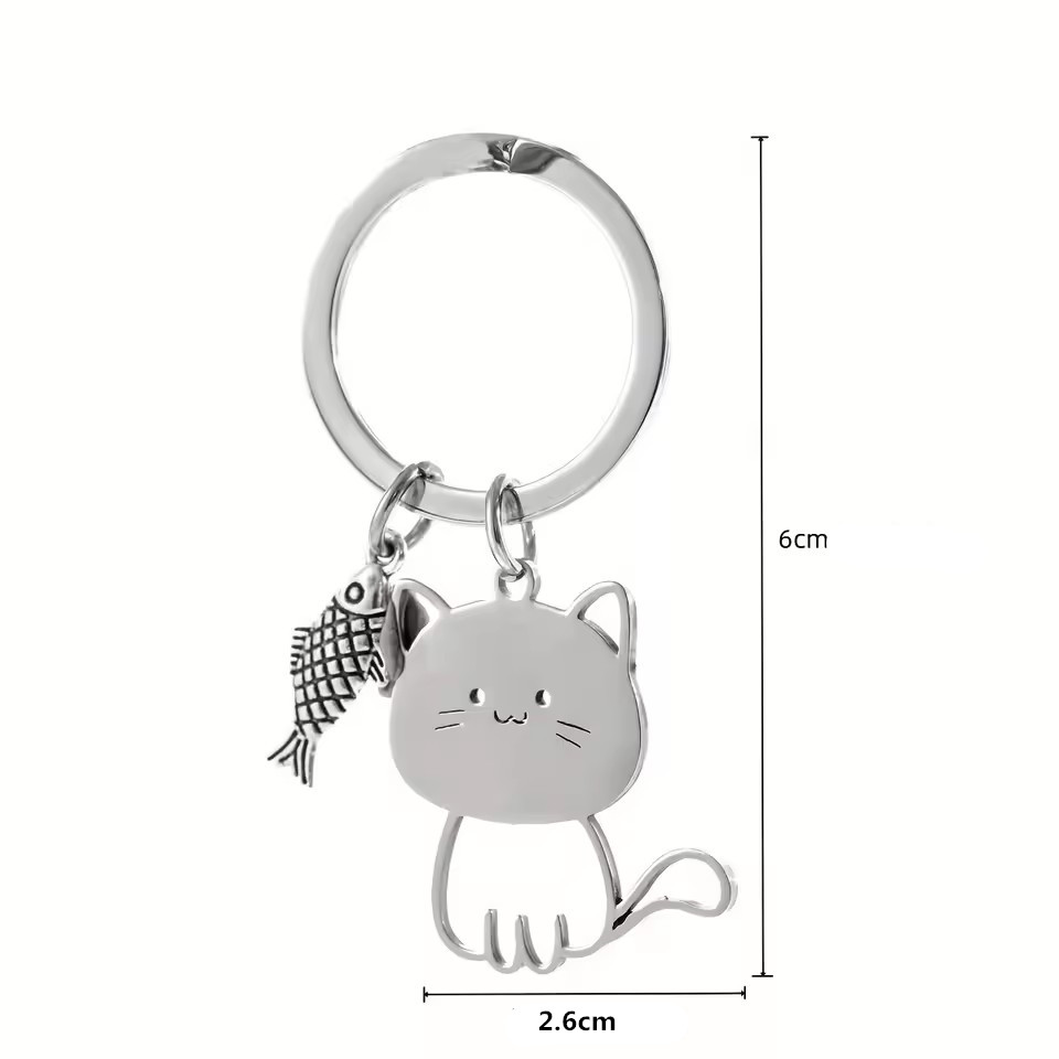 Funny Cartoon Cat Fish Keychain Couple Lovers Stainless Steel Keyring Lovely Pendant Key Chain Valentine's Day Gift Jewelry