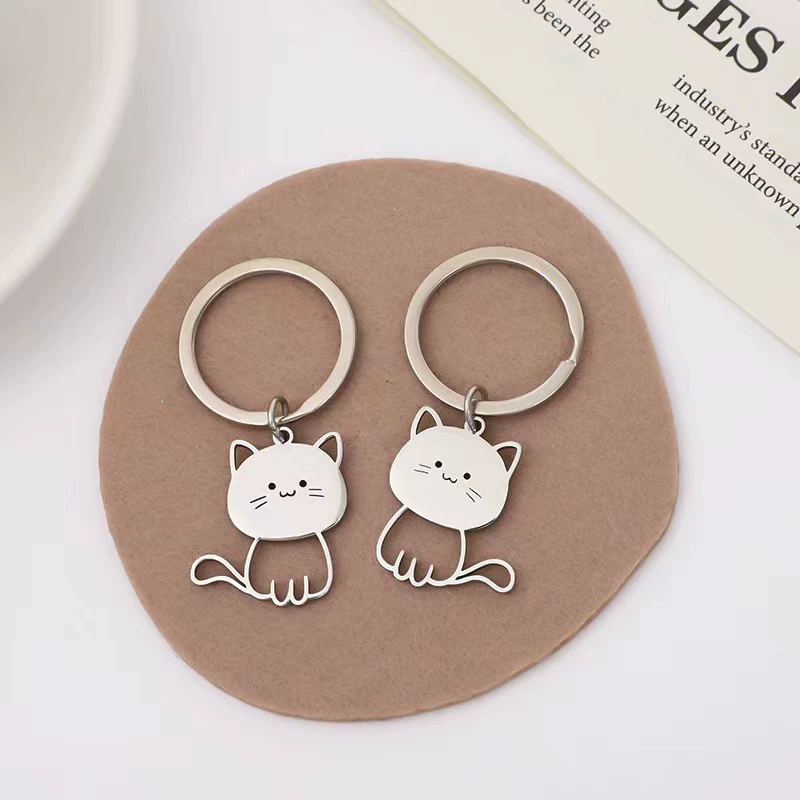 Funny Cartoon Cat Fish Keychain Couple Lovers Stainless Steel Keyring Lovely Pendant Key Chain Valentine's Day Gift Jewelry