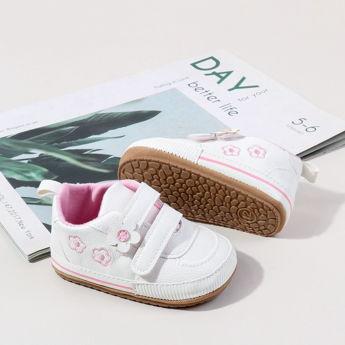 Spring and Autumn New Style Boys' and Girls' Baby Shoes Flower Pattern PU Casual Shoes 0-1 Years Old Learning Walkers Shoes