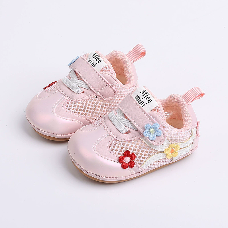 Spring and summer baby girls 0-12 months old, breathable and non slip mesh walking shoes with heels that do not fall off