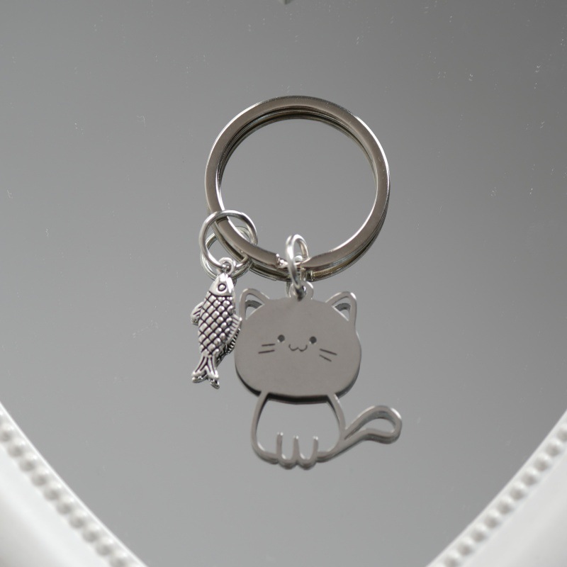 Funny Cartoon Cat Fish Keychain Couple Lovers Stainless Steel Keyring Lovely Pendant Key Chain Valentine's Day Gift Jewelry