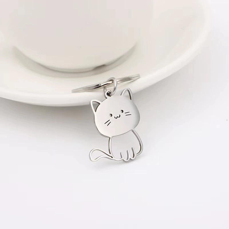 Funny Cartoon Cat Fish Keychain Couple Lovers Stainless Steel Keyring Lovely Pendant Key Chain Valentine's Day Gift Jewelry