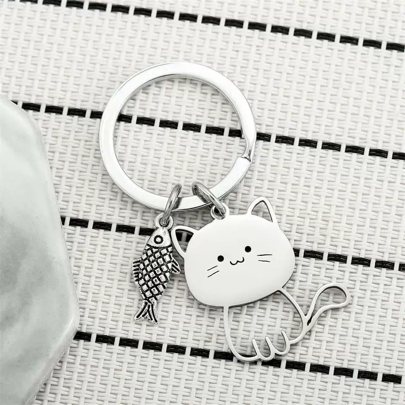 Funny Cartoon Cat Fish Keychain Couple Lovers Stainless Steel Keyring Lovely Pendant Key Chain Valentine's Day Gift Jewelry