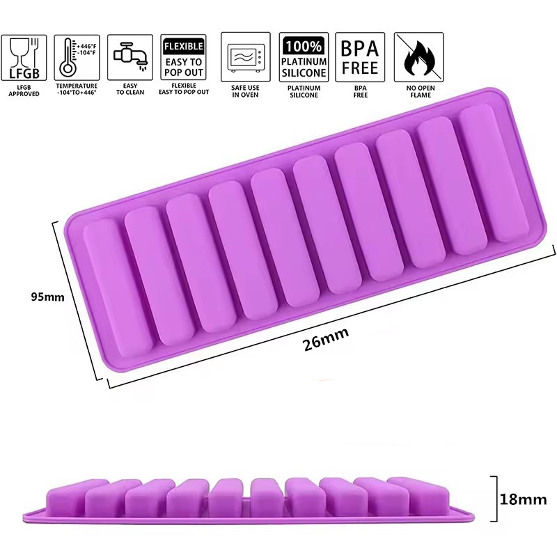 10 Grids Long Stick Ice Tray Non-Stick Easy Release Push Popsicle Out Cylinder Silicone Ice Cube Mould Tray Jelly Chocolate Mold