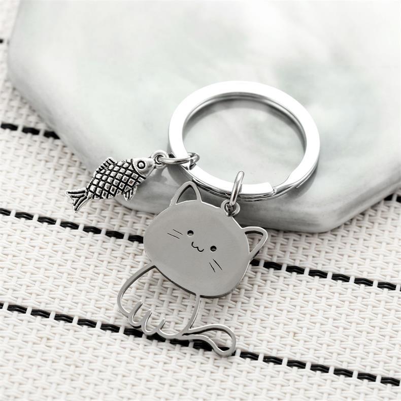 Funny Cartoon Cat Fish Keychain Couple Lovers Stainless Steel Keyring Lovely Pendant Key Chain Valentine's Day Gift Jewelry