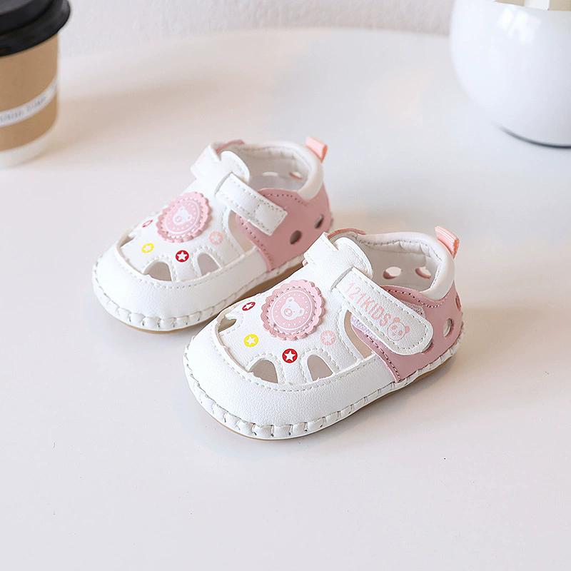 Summer 0-1 year old baby 6-12 month old baby walking shoes with soft rubber sole, anti slip hollow toe, no drop heel sandals