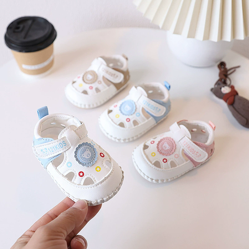 Summer 0-1 year old baby 6-12 month old baby walking shoes with soft rubber sole, anti slip hollow toe, no drop heel sandals