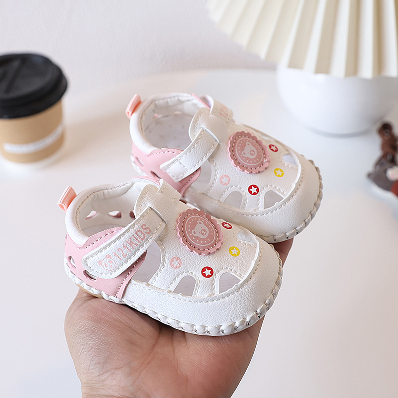 Summer 0-1 year old baby 6-12 month old baby walking shoes with soft rubber sole, anti slip hollow toe, no drop heel sandals