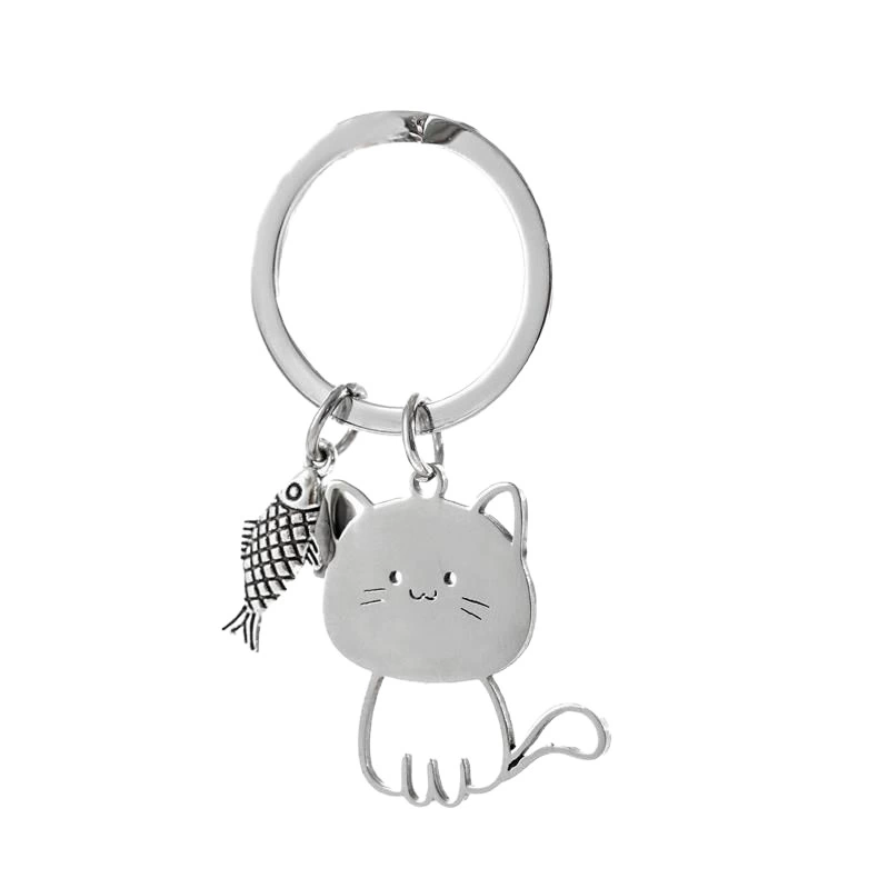 Funny Cartoon Cat Fish Keychain Couple Lovers Stainless Steel Keyring Lovely Pendant Key Chain Valentine's Day Gift Jewelry