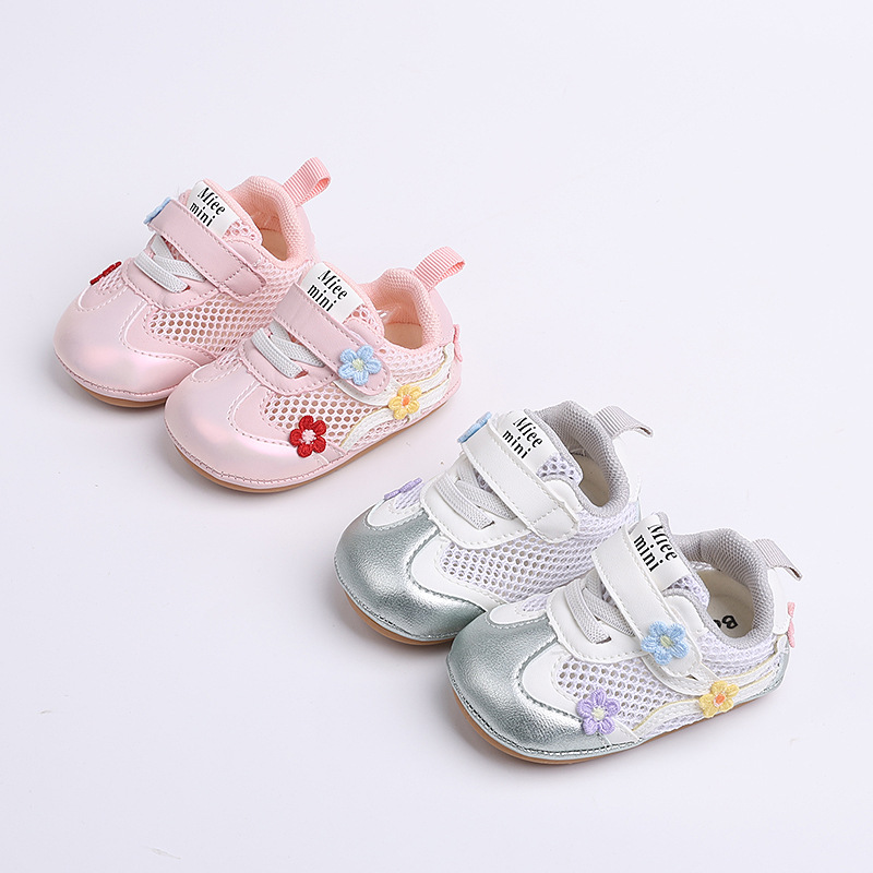 Spring and summer baby girls 0-12 months old, breathable and non slip mesh walking shoes with heels that do not fall off