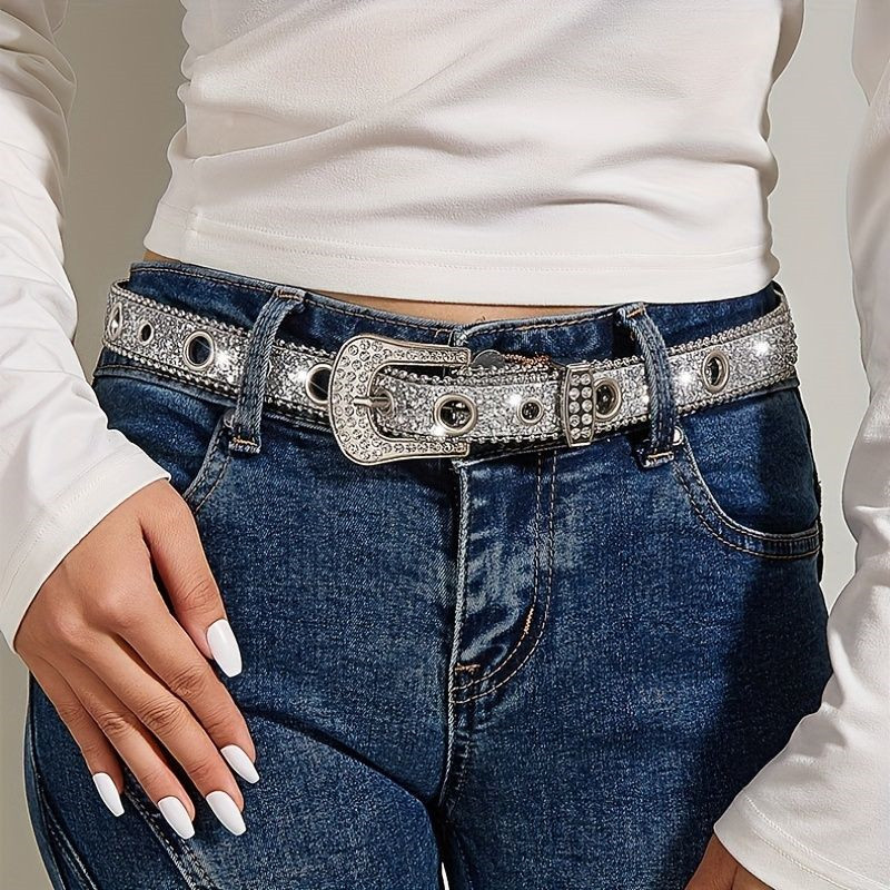 Stylish Rhinestone Western Cowgirl Style Y2K Belt Sparking Pu Leather BB Belts Jeans Dress Accessories For Women