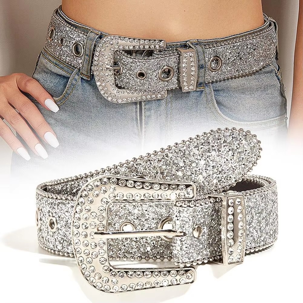 Stylish Rhinestone Western Cowgirl Style Y2K Belt Sparking Pu Leather BB Belts Jeans Dress Accessories For Women