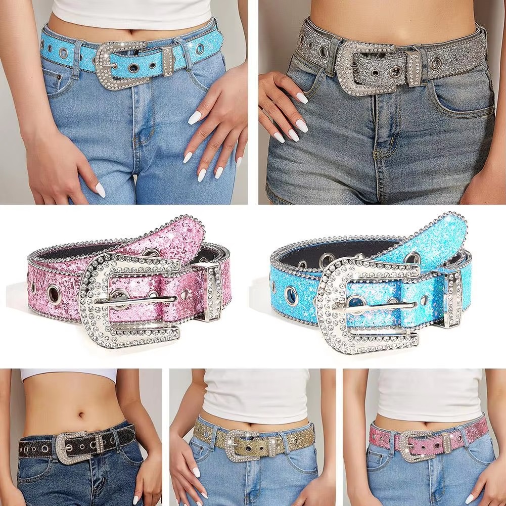 Stylish Rhinestone Western Cowgirl Style Y2K Belt Sparking Pu Leather BB Belts Jeans Dress Accessories For Women
