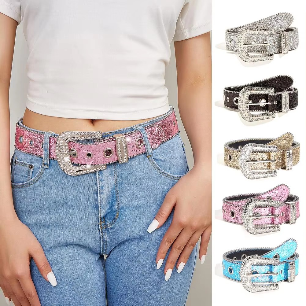 Stylish Rhinestone Western Cowgirl Style Y2K Belt Sparking Pu Leather BB Belts Jeans Dress Accessories For Women