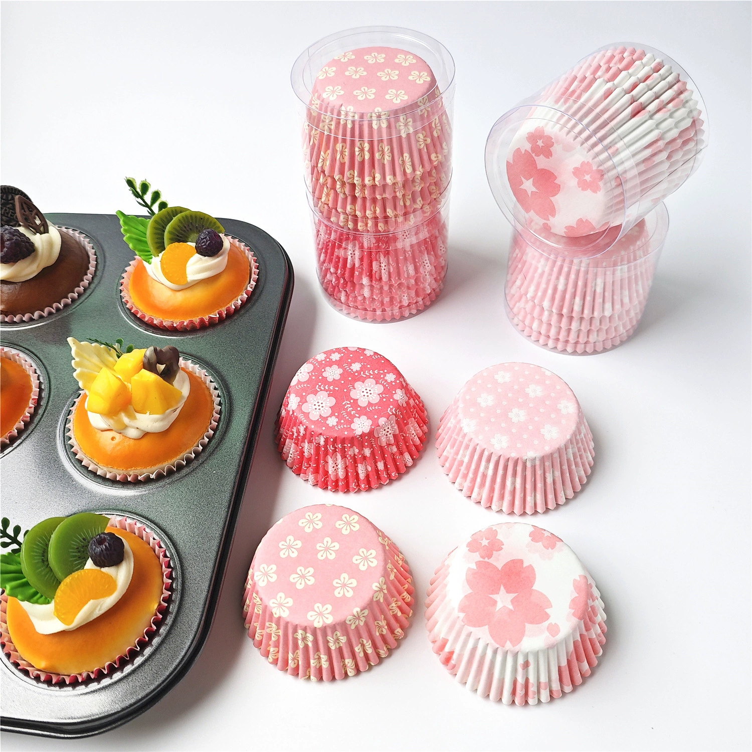 100PCS pink flower baking paper cup, high temperature resistant oil proof paper holder, dessert Dim sum pad, cake paper holder