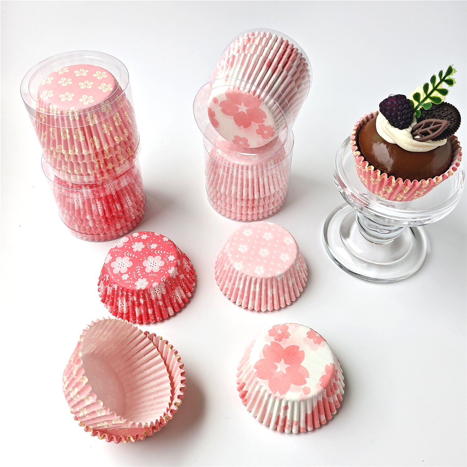 100PCS pink flower baking paper cup, high temperature resistant oil proof paper holder, dessert Dim sum pad, cake paper holder