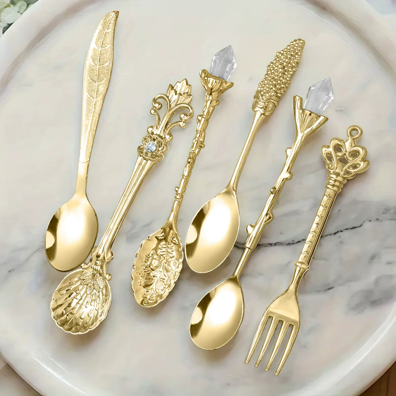 6PCs Vintage Palace Coffee Spoon Set Home Tableware Kitchen Gadget Set Ice Cream Jam Dessert Spoon Afternoon Tea Decor Tool Gift