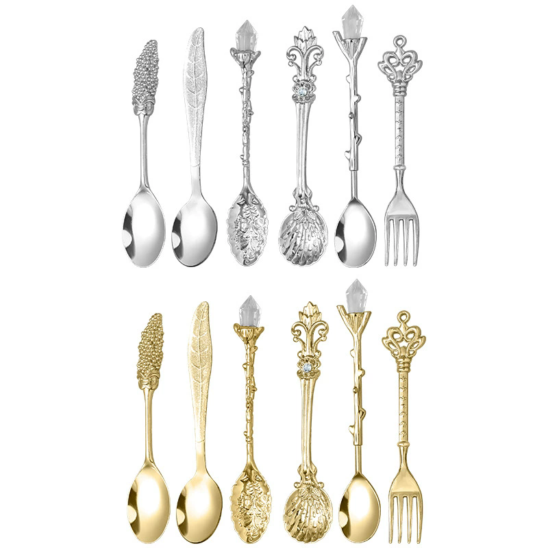 6PCs Vintage Palace Coffee Spoon Set Home Tableware Kitchen Gadget Set Ice Cream Jam Dessert Spoon Afternoon Tea Decor Tool Gift