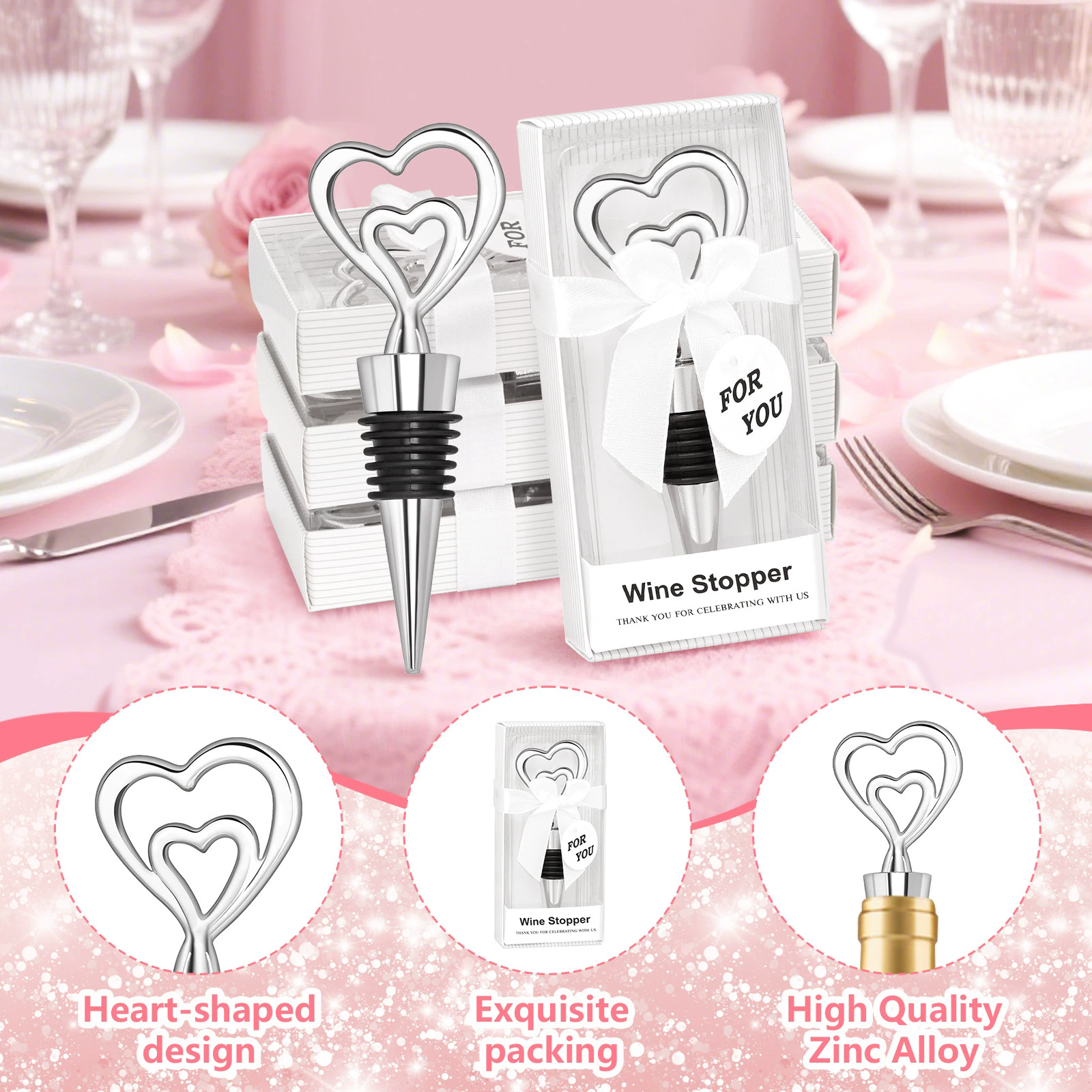 1Pcs Double Heart Shape Alloy Bottle Stopper for Wine Bottles Airtight Seal Anti-Corrosion Easy Insert Remove Exquisite Stylish