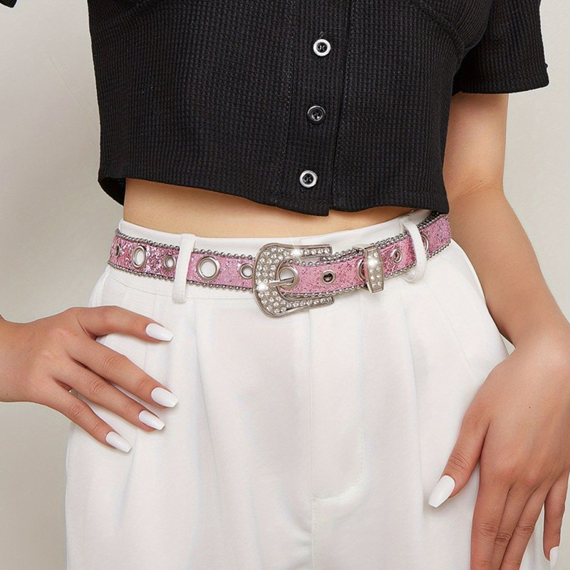 Stylish Rhinestone Western Cowgirl Style Y2K Belt Sparking Pu Leather BB Belts Jeans Dress Accessories For Women