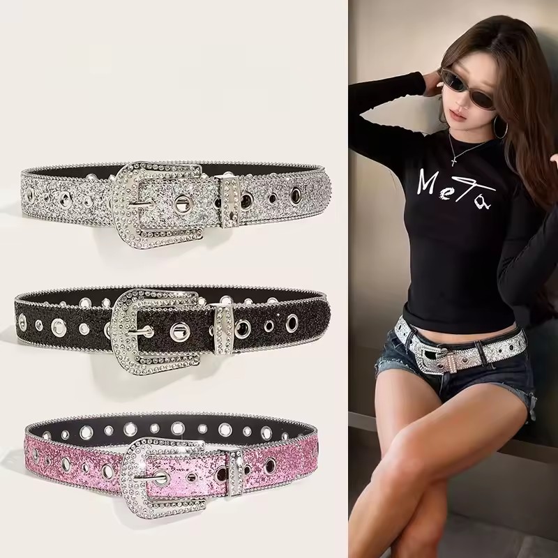 Stylish Rhinestone Western Cowgirl Style Y2K Belt Sparking Pu Leather BB Belts Jeans Dress Accessories For Women