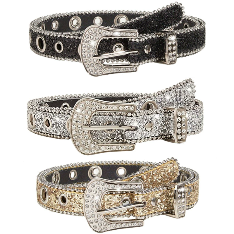 Stylish Rhinestone Western Cowgirl Style Y2K Belt Sparking Pu Leather BB Belts Jeans Dress Accessories For Women
