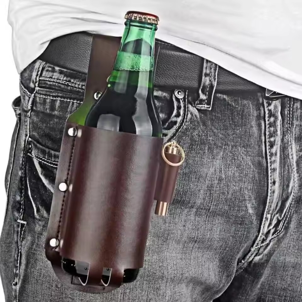 1PC Leather Beer Bottle Waist Holster Portable Beer Belt Bag Handy Wine Bottles Beverage Holder Outdoor Drink Bottle Case Cover