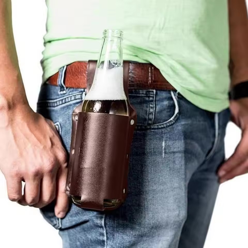 1PC Leather Beer Bottle Waist Holster Portable Beer Belt Bag Handy Wine Bottles Beverage Holder Outdoor Drink Bottle Case Cover