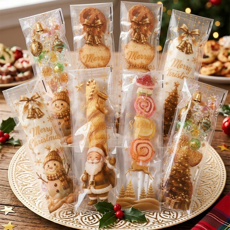 New Christmas long self sealing bag, gold Christmas candy bag, holiday gift packaging bag, self-adhesive small gift bag