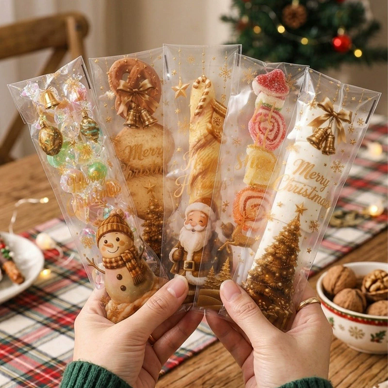 New Christmas long self sealing bag, gold Christmas candy bag, holiday gift packaging bag, self-adhesive small gift bag