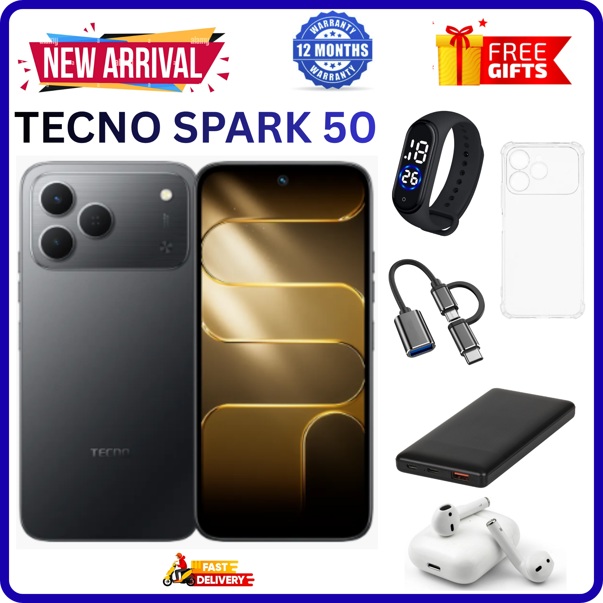 NEW ARRIVALS!!!! BRAND NEW TECNO SPARK 50 4G SMARTPHONE 128GB ROM+ 4GB RAM 6.78" INCH SCREEN 120Hz REFRESH RATE 6700mAh Battery 18W FAST CHARGING, 50MP CAMERA, 8MP
