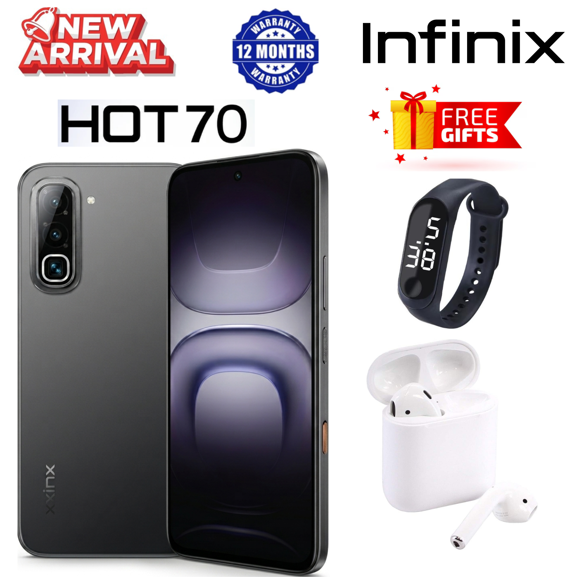 NEW ARRIVAL !!! INFINIX HOT70, Hot 70, 6.78 inches, 120Hz Display, 128GB ROM + 4 GB RAM +4 (Expandable to 8GB ), 50 MP Main Camera,6000 mAh , PLUS FREE GIFTS,STRAP-WATCH,i12tws. _ BLACK, BLUE , SILVER