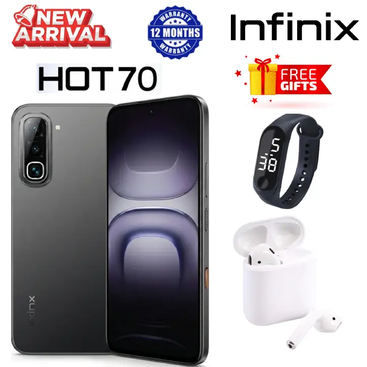 NEW ARRIVAL !!! INFINIX HOT70, Hot 70, 6.78 inches, 120Hz Display, 128GB ROM + 4 GB RAM +4 (Expandable to 8GB ), 50 MP Main Camera,6000 mAh , PLUS FREE GIFTS,STRAP-WATCH,i12tws. _ BLACK, BLUE , SILVER